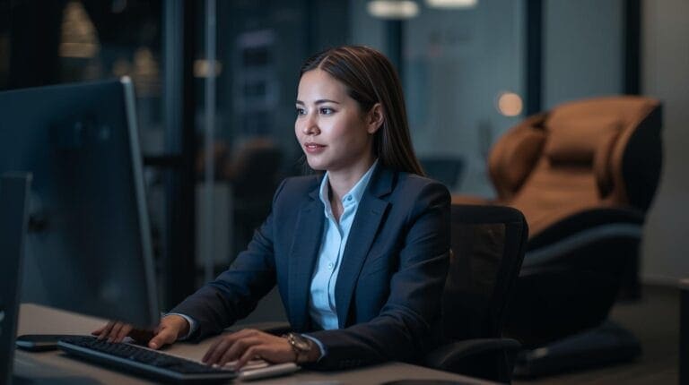 A businessman or businesswoman at a computer, with a relaxing moment in a massage chair to the side.