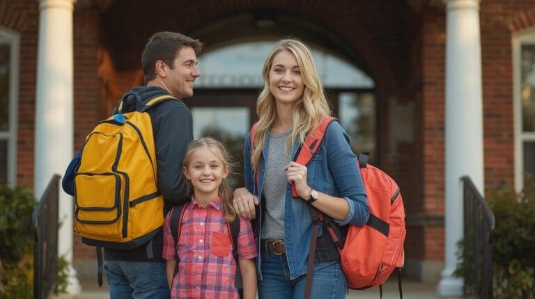 A parent and a child with a backpack in front of school, both smiling and relaxed.